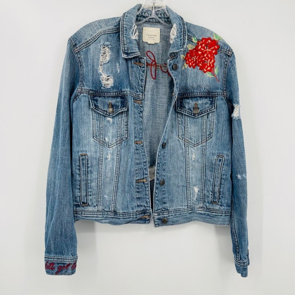 American Eagle Denim Trucker Jacket Size S Distress Embroidered Floral‎ Cotton